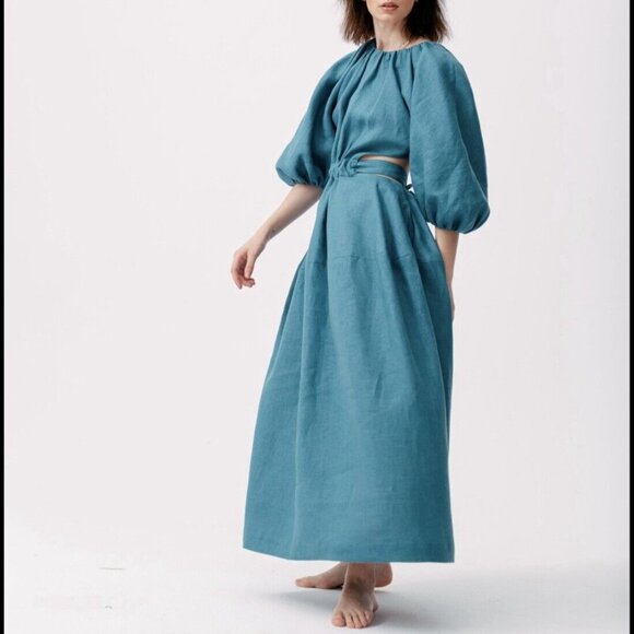 Linen Line Natural Clothing Puff Sleeve Cut-out Maxi Dress Cottagecore US 6 - Picture 1 of 10